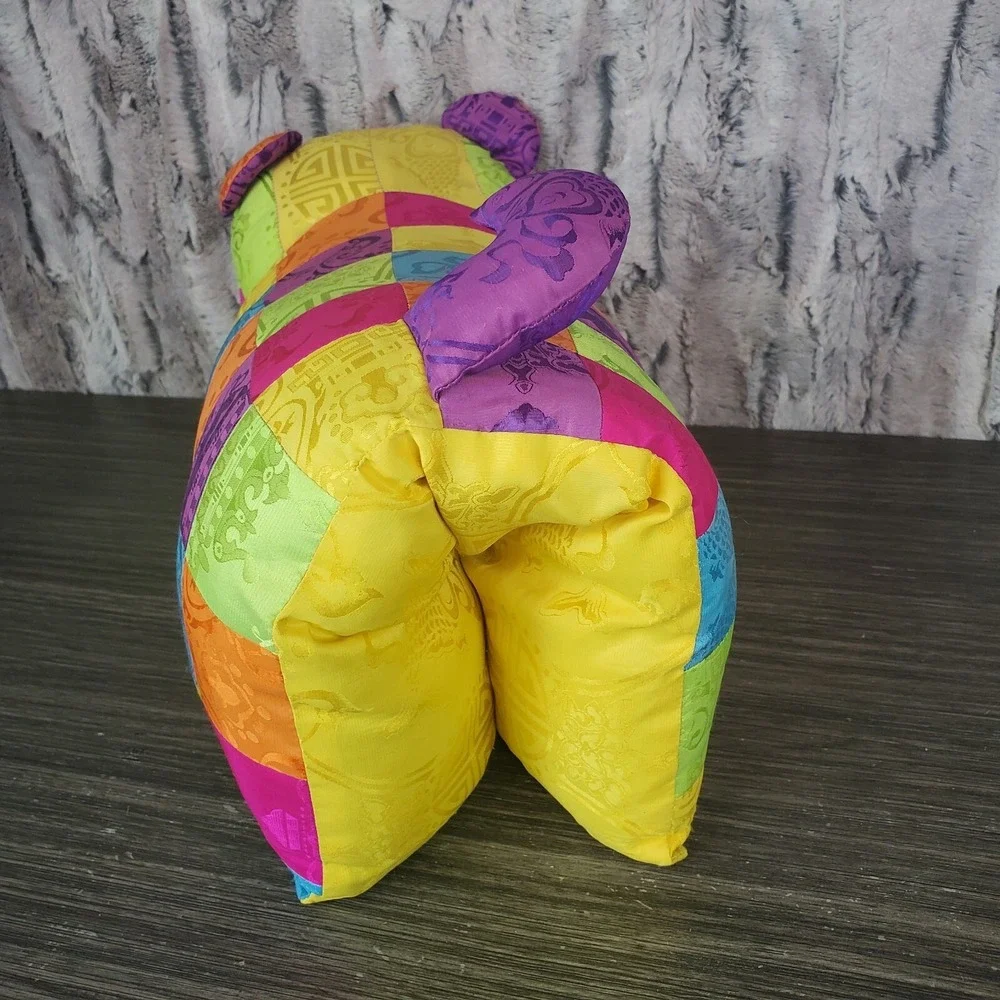 Quilted Asian Nylon Brocade Cat Pillow With Plush Kitty Head‎ PATCHWORK BRIGHT
